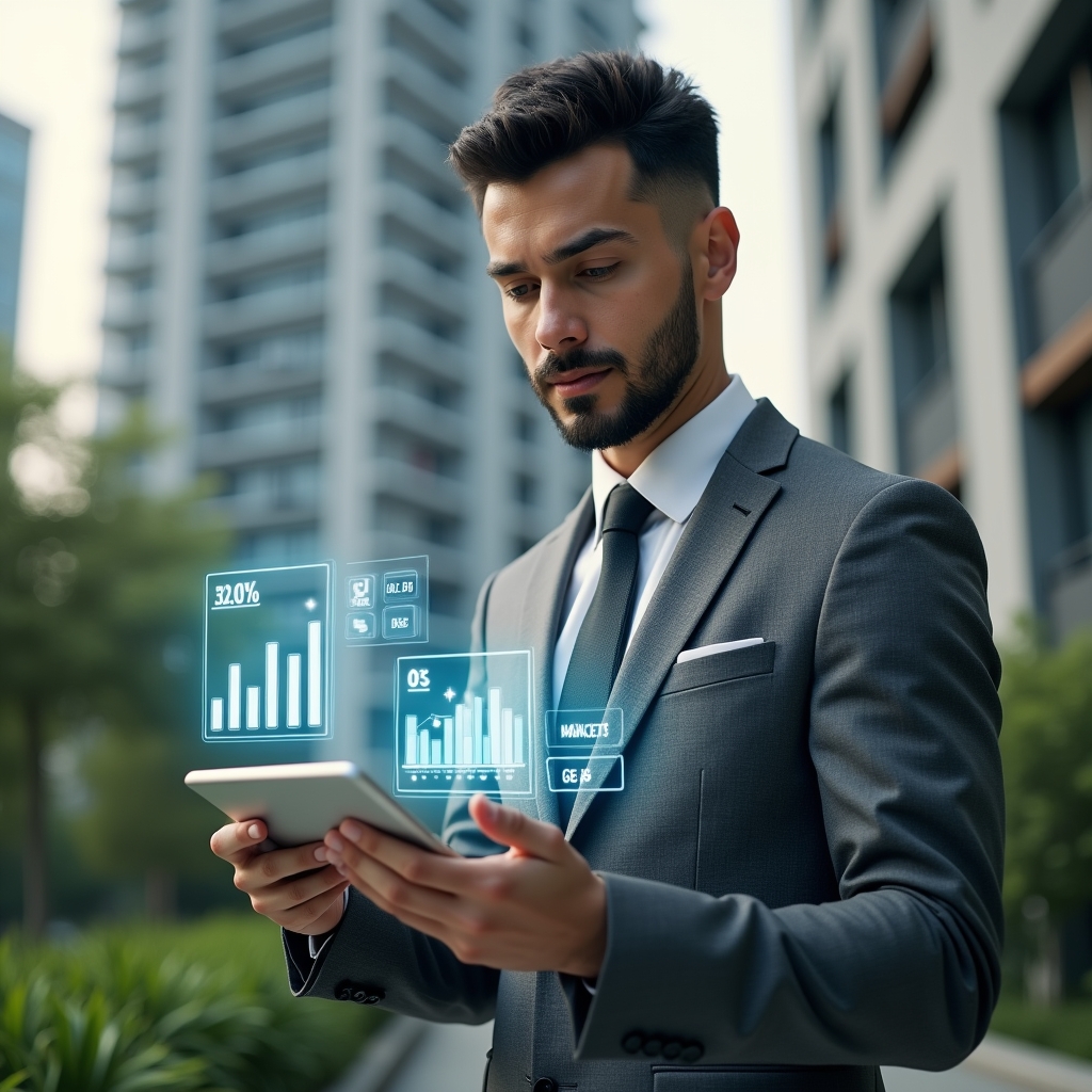 (Ultra-realistic condominium manager in a tailored gray suit, set in a modern luxury condominium environment with high-rise buildings and manicured greenery, holding a transparent tablet displaying holographic financial charts and savings icons, analyzing budget projections with a confident, focused expression, cinematic lighting, shallow depth of field, highly detailed textures, realistic skin, photographic realism, 8k resolution --ar 1:1 --v 6)