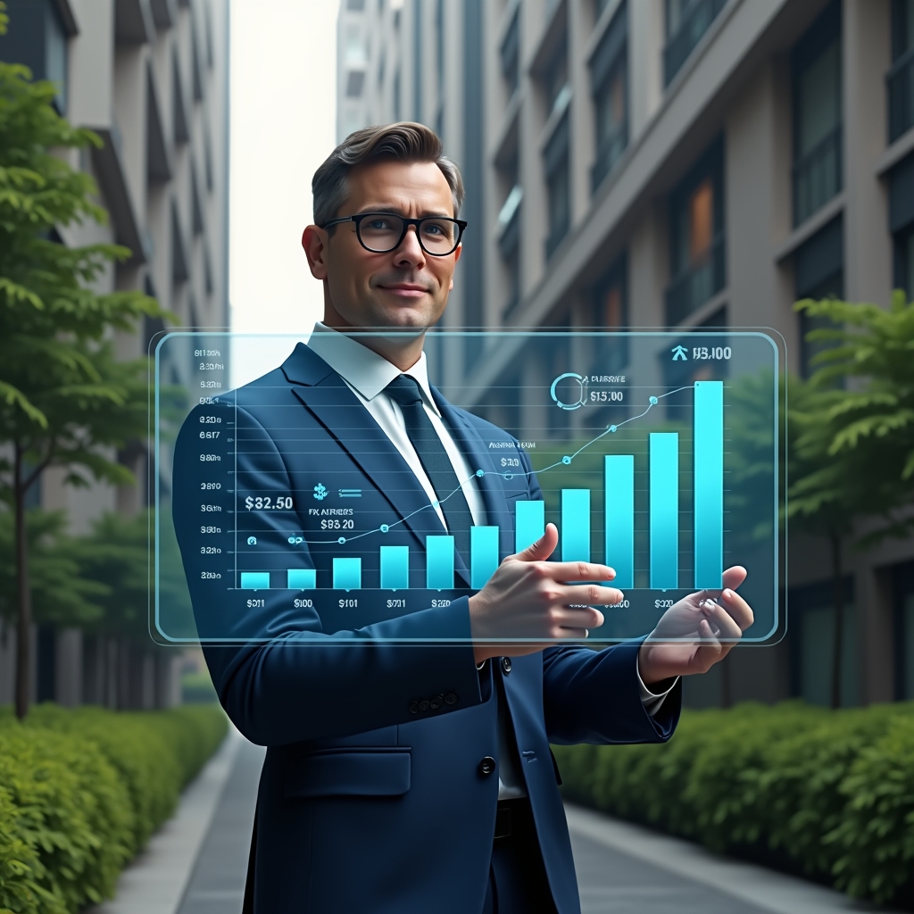 Ultra-realistic condominium manager in a navy suit, set in a modern luxury condominium environment with high-rise buildings and meticulously manicured green landscaping, confidently analyzing a holographic budget chart displaying cost-cutting icons and expense breakdowns, cinematic lighting, shallow depth of field, highly detailed textures, realistic skin, photographic realism, 8k resolution --ar 1:1 --v 6