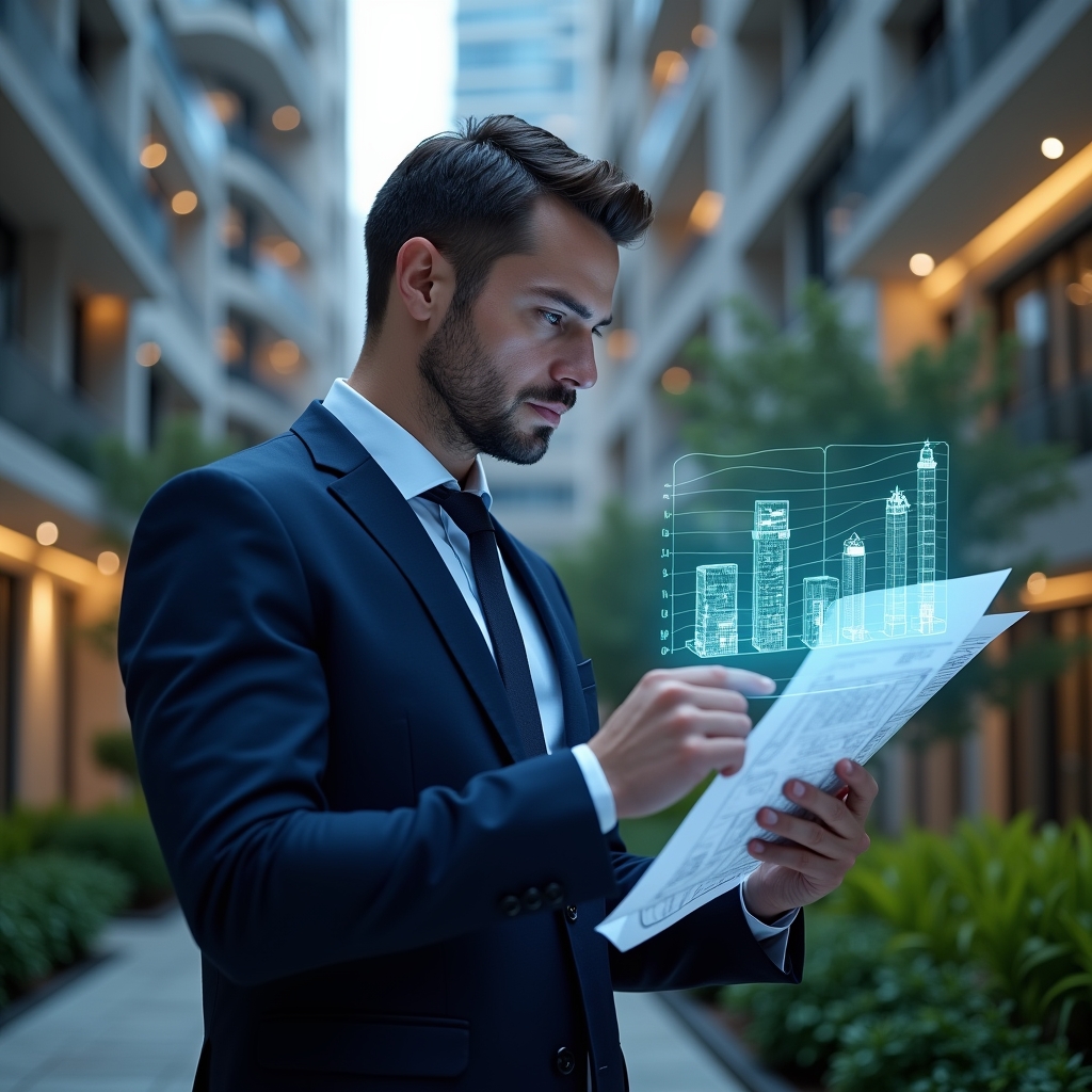 (Ultra-realistic condominium manager in a tailored navy-blue suit, set in a modern luxury condominium environment with high-rise buildings and manicured green landscaping, holding a transparent holographic cost-saving chart while thoughtfully reviewing digital blueprints, glowing financial icons floating beside them to symbolize budget optimization, cinematic lighting, shallow depth of field, highly detailed textures, realistic skin, photographic realism, 8k resolution --ar 1:1 --v 6)