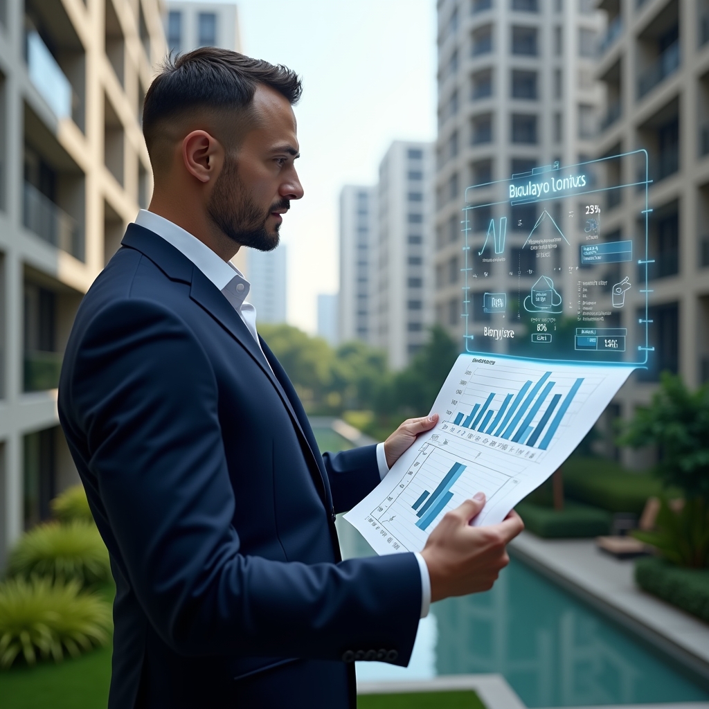 (Ultra-realistic condominium manager in a navy suit, set in a modern luxury condominium environment with high-rise buildings and manicured green landscaping, reviewing a holographic budget chart and blueprints with a focused, confident expression, floating icons of cost-saving percentages and construction tools, cinematic lighting, shallow depth of field, highly detailed textures, realistic skin, photographic realism, 8k resolution --ar 1:1 --v 6)