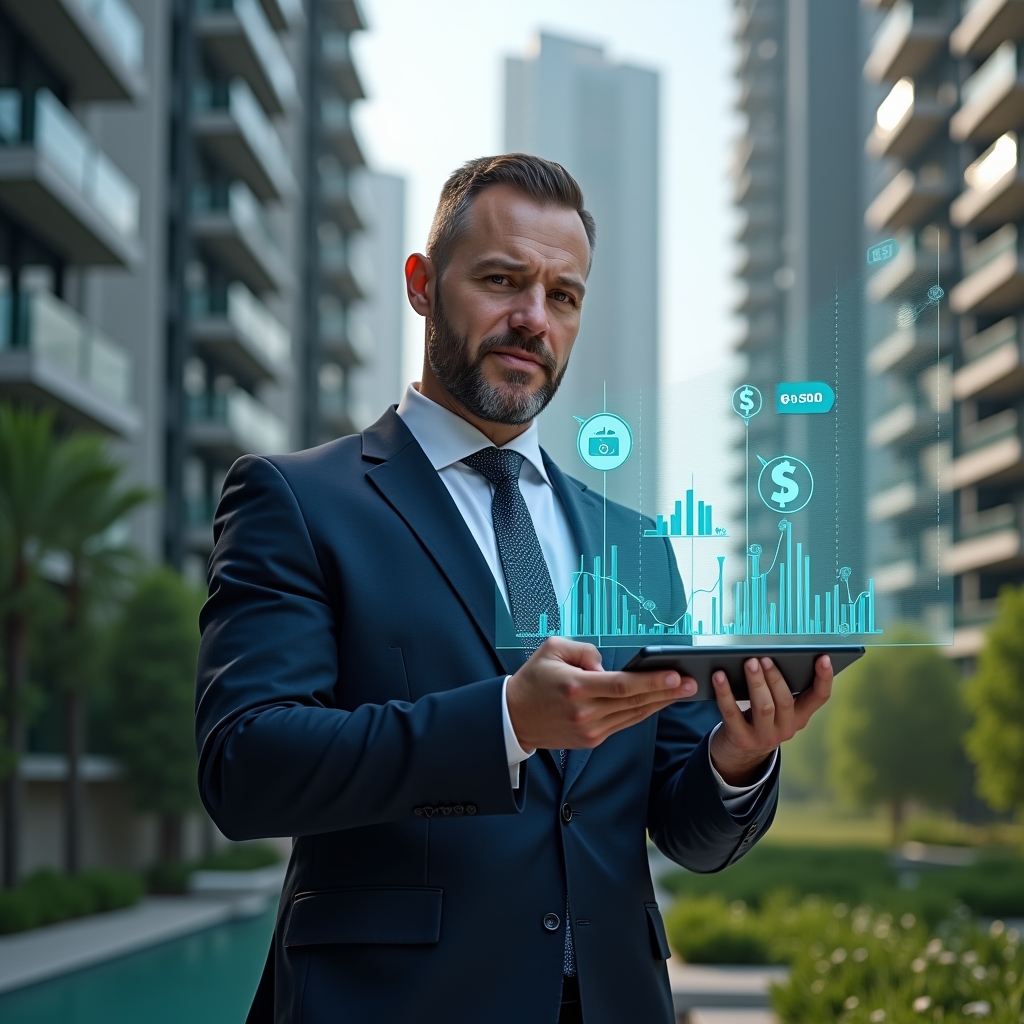 Ultra-realistic condominium manager in a tailored navy suit, set in a modern luxury condominium environment with high-rise buildings and lush green landscaping, confidently analyzing a holographic financial chart displaying cost savings and contract icons floating around, cinematic lighting, shallow depth of field, highly detailed textures, realistic skin, photographic realism, 8k resolution --ar 1:1 --v 6
