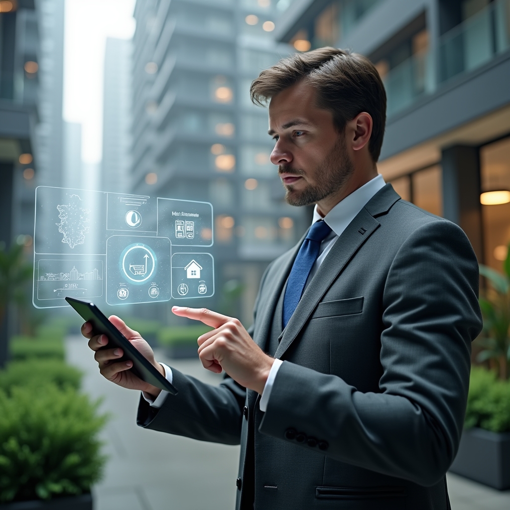 Ultra-realistic condominium manager in a charcoal gray suit, set in a modern luxury condominium environment with high-rise buildings and green landscaping, holding a tablet displaying holographic dashboard icons for digital management, confidently pointing at the floating holograms, cinematic lighting, shallow depth of field, highly detailed textures, realistic skin, photographic realism, 8k resolution --ar 1:1 --v 6