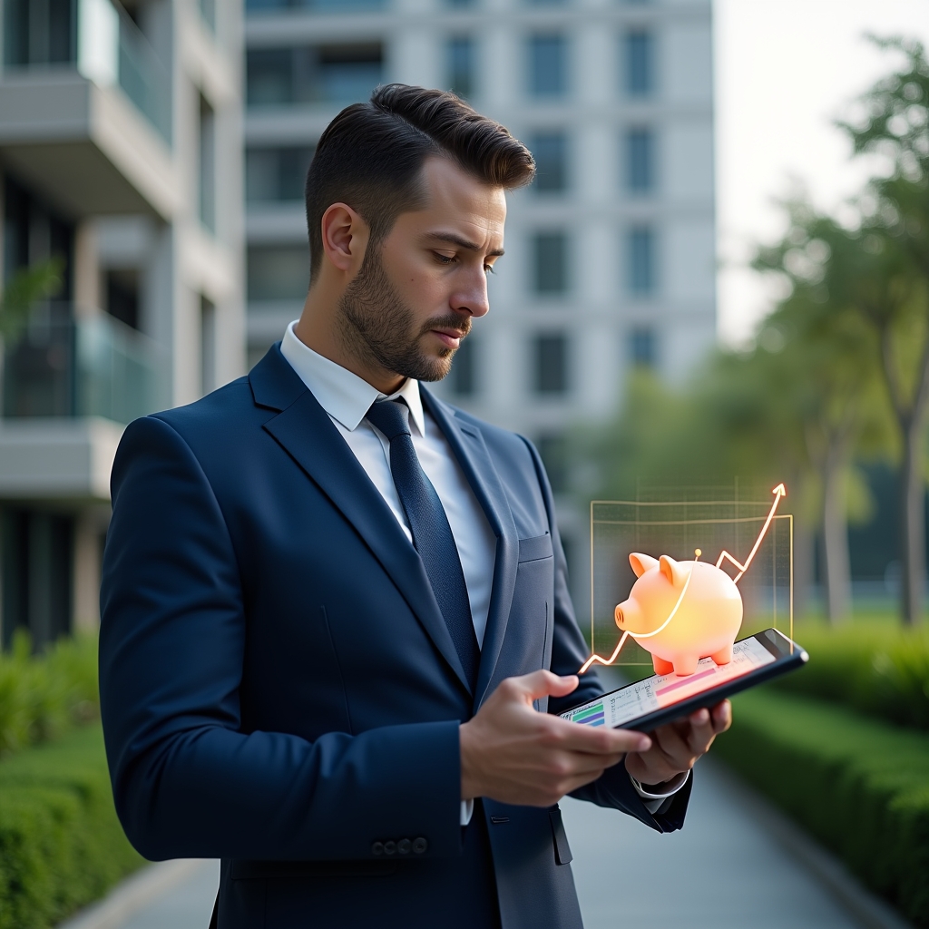 Ultra-realistic condominium manager in a navy blue tailored suit, set in a modern luxury condominium environment with high-rise buildings and manicured green landscaping, holding a digital tablet displaying holographic financial charts and a rising savings graph, a glowing piggy bank icon floating beside him to symbolize cost reduction, confident and focused expression, cinematic lighting, shallow depth of field, highly detailed textures, realistic skin, photographic realism, 8k resolution --ar 1:1 --v 6