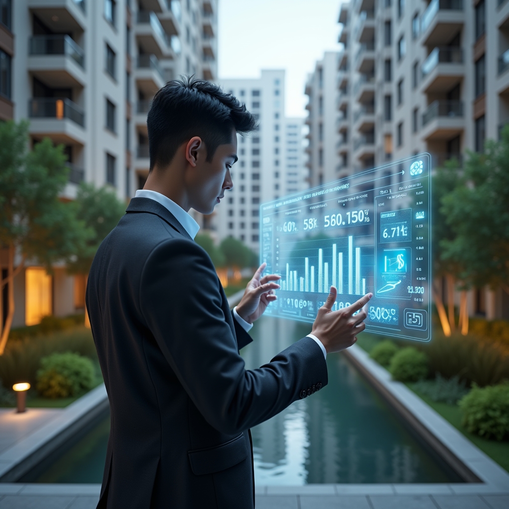 (Ultra-realistic condominium manager in a charcoal suit, set in a modern luxury condominium environment with high-rise buildings and lush green landscaping, analyzing a holographic interface displaying cost-reduction graphs and digital tool icons, holographic financial charts with downward arrows symbolizing expense cuts, cinematic lighting, shallow depth of field, highly detailed textures, realistic skin, photographic realism, 8k resolution --ar 1:1 --v 6)
