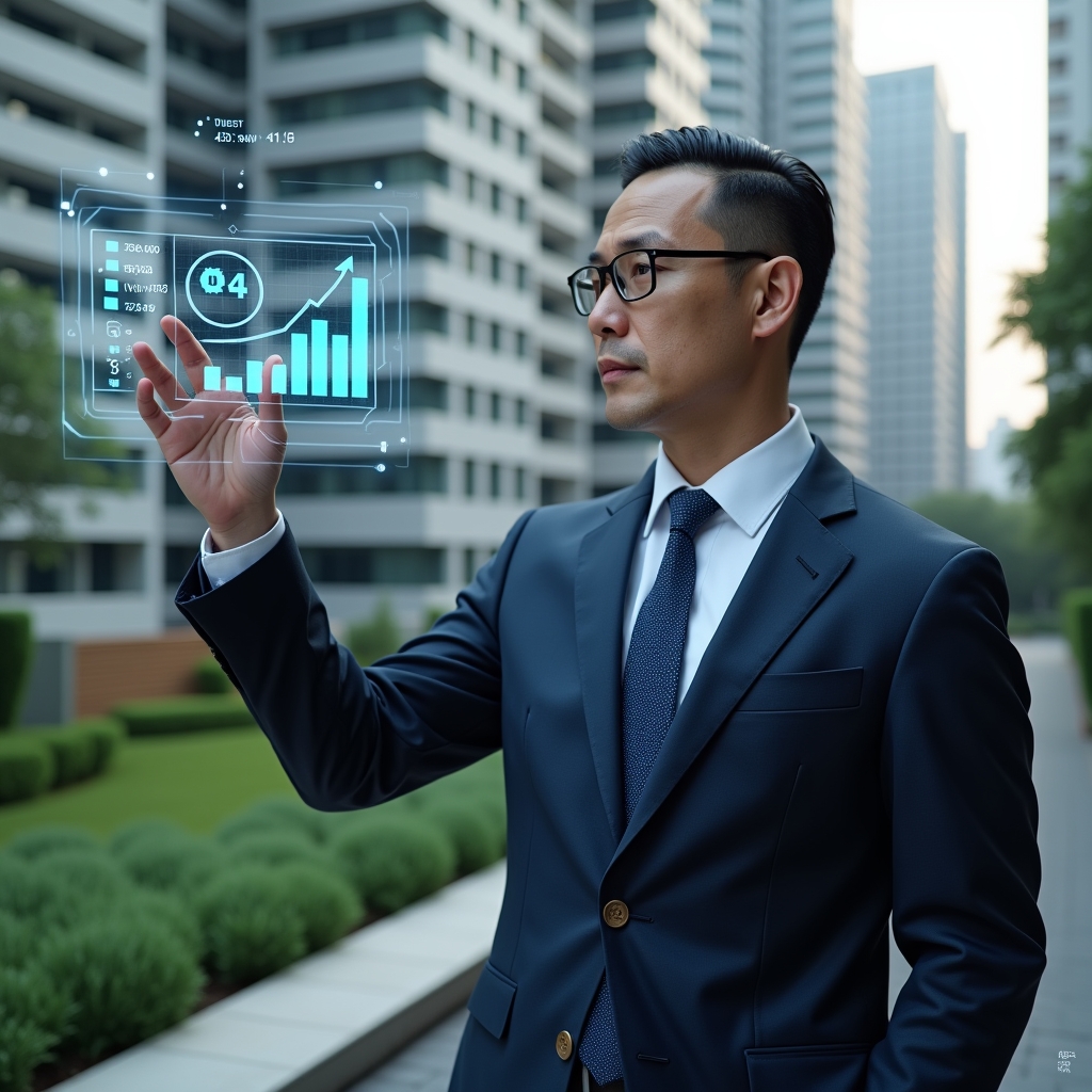 Ultra-realistic condominium manager in a navy executive suit, set in a modern luxury condominium environment with high-rise buildings and green landscaping, reviewing a holographic financial dashboard showing decreasing expense bars, confident and focused expression, cinematic lighting, shallow depth of field, highly detailed textures, realistic skin, photographic realism, 8k resolution --ar 1:1 --v 6