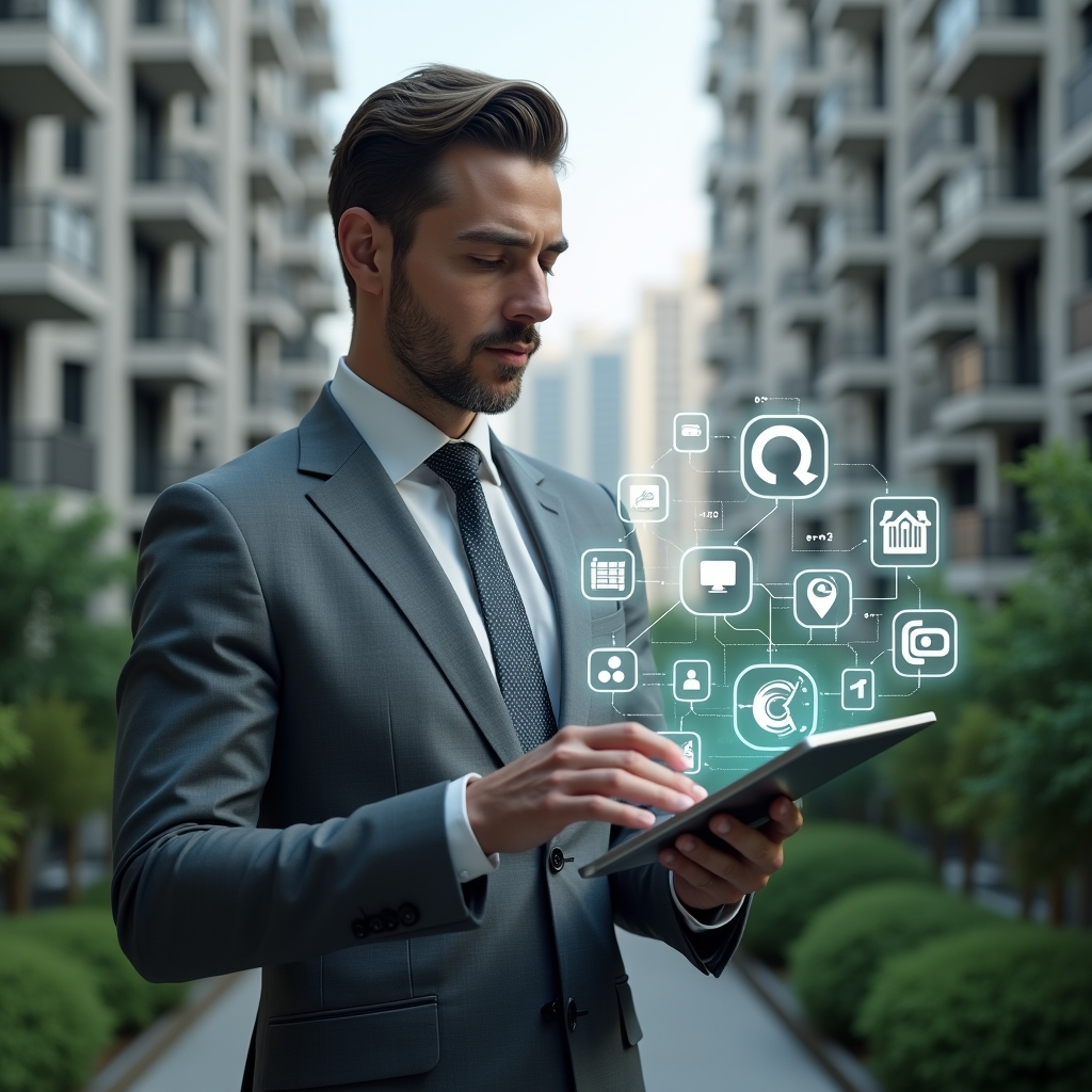 (Ultra-realistic condominium manager in a tailored gray suit, set in a modern luxury condominium environment with high-rise buildings and pristine green landscaping, holding a tablet projecting holographic icons of finance charts, chat bubbles, security cameras, maintenance tools and dashboards, confidently analyzing the digital interface, cinematic lighting, shallow depth of field, highly detailed textures, realistic skin, photographic realism, 8k resolution --ar 1:1 --v 6)