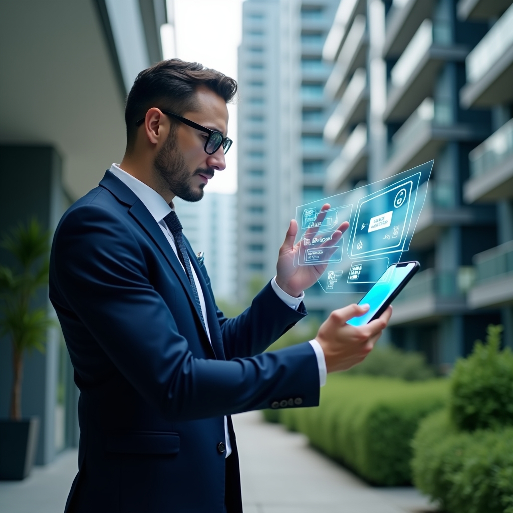 (Ultra-realistic condominium manager in a dark blue suit, set in a modern luxury condominium environment with high-rise buildings and lush green landscaping, mid-shot as the manager confidently interacts with a holographic smartphone interface displaying finance charts, chat bubbles, reservation calendars, and security shield icons, cinematic lighting, shallow depth of field, highly detailed textures, realistic skin, photographic realism, 8k resolution --ar 1:1 --v 6)