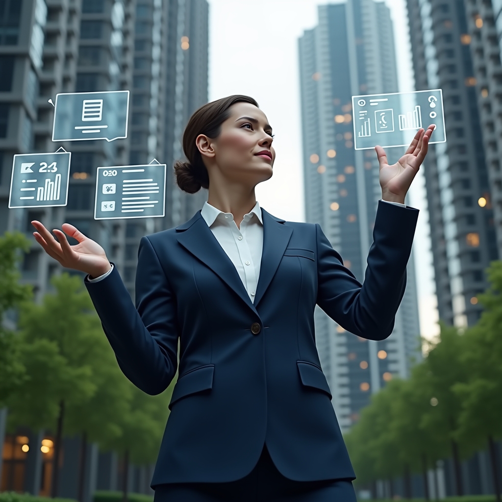 (Ultra-realistic condominium manager in a navy blue executive suit, set in a modern luxury condominium environment with high-rise buildings and manicured green landscaping, interacting with floating holographic icons representing financial control, messaging alerts, maintenance tickets, reservation calendars, and analytical graphs, confident and focused expression, cinematic lighting, shallow depth of field, highly detailed textures, realistic skin, photographic realism, 8k resolution --ar 1:1 --v 6)