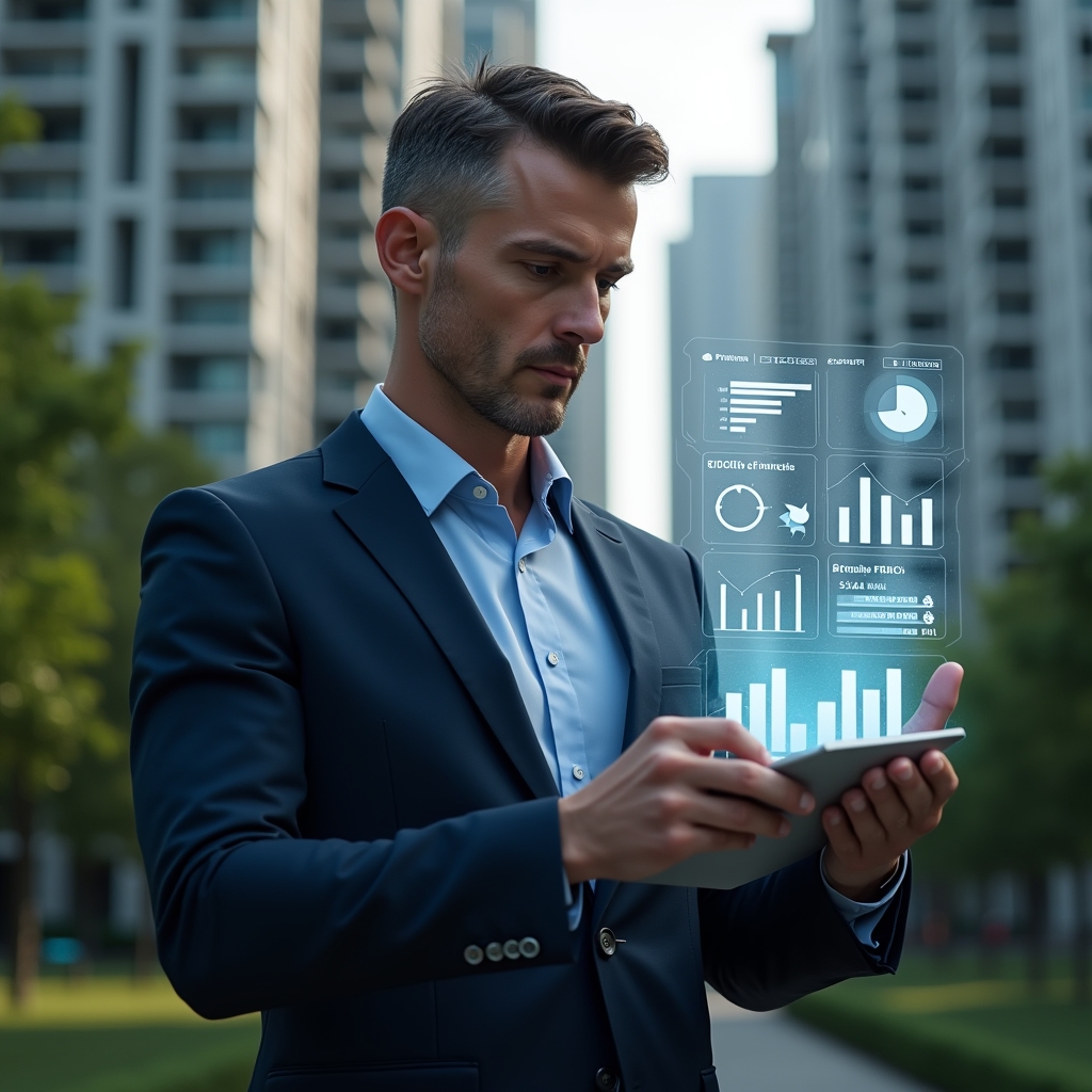 (Ultra-realistic condominium manager in a tailored navy suit, set in a modern luxury condominium environment with high-rise buildings and lush green landscaping, analyzing floating holographic KPI charts and financial graphs with a confident, focused expression, illuminated by cinematic lighting, shallow depth of field, highly detailed textures, realistic skin, photographic realism, 8k resolution --ar 1:1 --v 6)