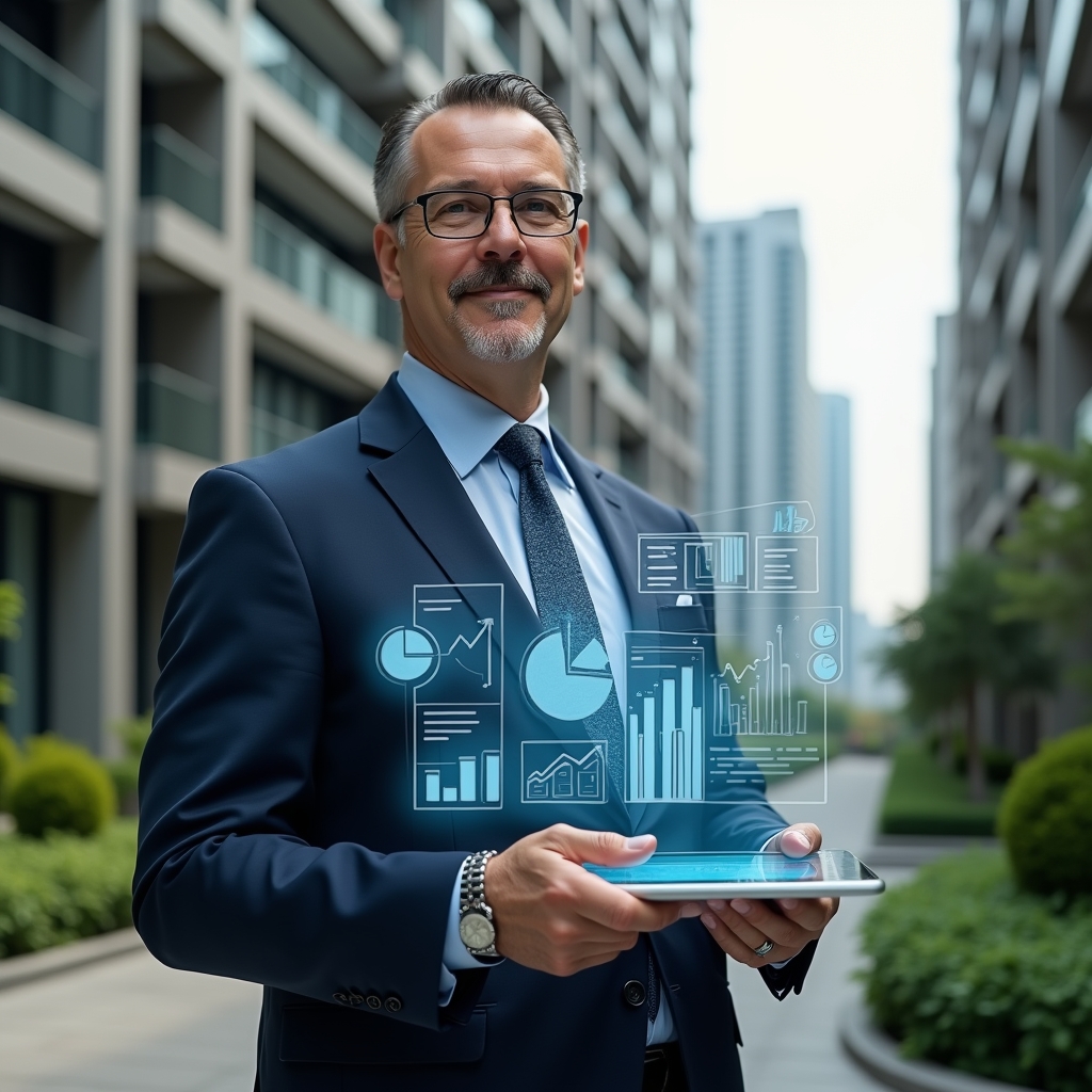 Ultra-realistic condominium manager in a navy suit, set in a modern luxury condominium environment with high-rise buildings and manicured green landscaping, holding a transparent tablet displaying holographic financial reports and real-time balance charts, confident expression, surrounded by floating icons of pie charts, bar graphs and ledger symbols, cinematic lighting, shallow depth of field, highly detailed textures, realistic skin, photographic realism, 8k resolution --ar 1:1 --v 6