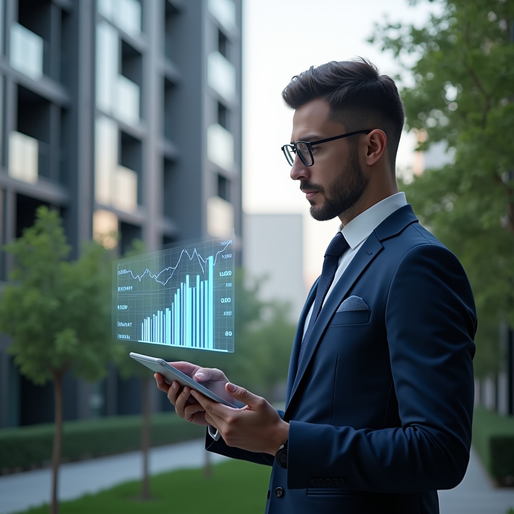 (Ultra-realistic condominium manager in a tailored navy suit, set in a modern luxury condominium environment with high-rise buildings and manicured green landscaping, holding a tablet and analyzing holographic financial charts that float above the screen, a translucent 3D ledger icon beside him symbolizing automated accounting, cinematic lighting, shallow depth of field, highly detailed textures, realistic skin, photographic realism, 8k resolution --ar 1:1 --v 6)