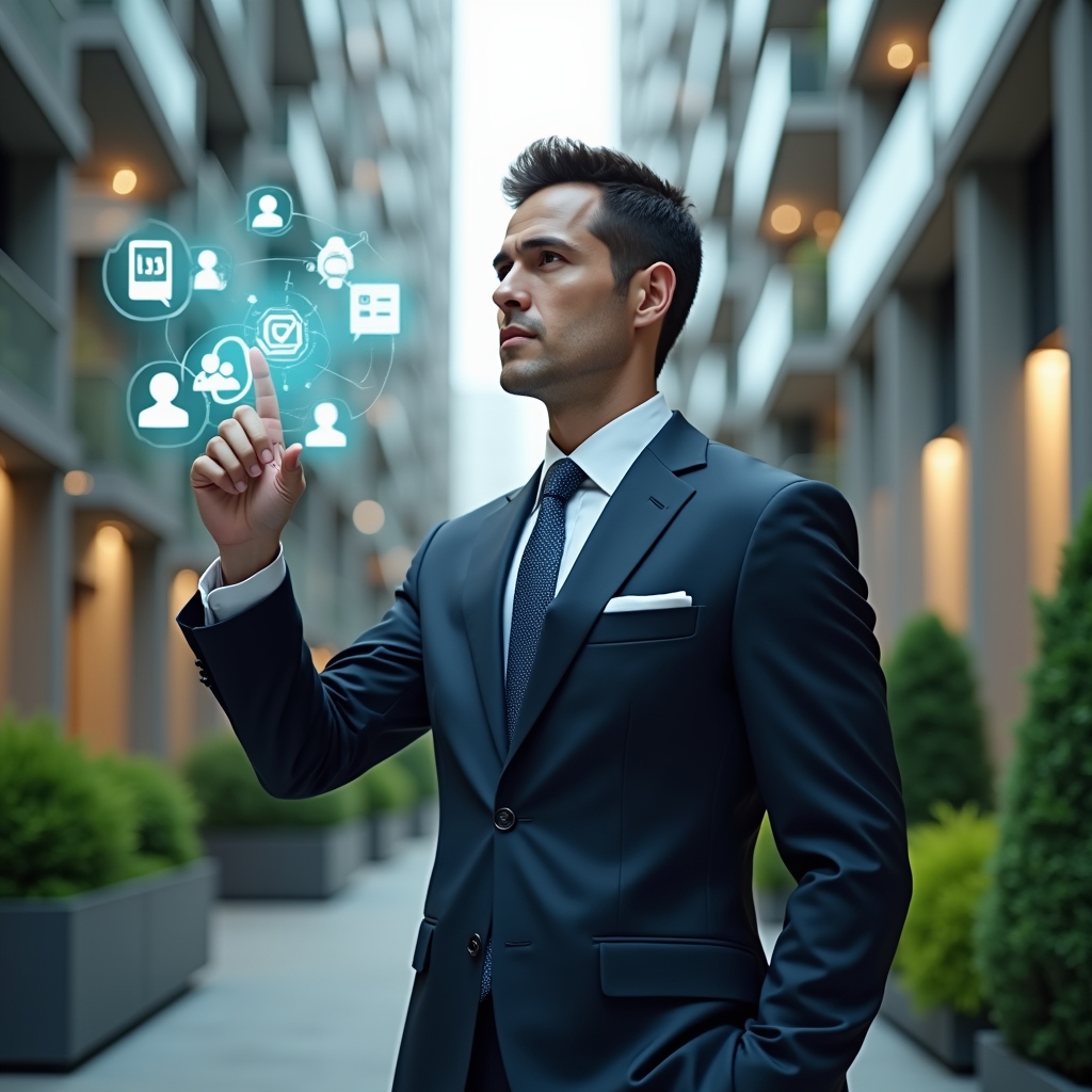 (Ultra-realistic condominium manager in a navy suit, set in a modern luxury condominium environment with high-rise buildings and lush green landscaping, interacting with floating holographic app icons for AI chatbots, financial automation, mobile notifications, security integration and smart booking, expression confident and focused, cinematic lighting, shallow depth of field, highly detailed textures, realistic skin, photographic realism, 8k resolution --ar 1:1 --v 6)