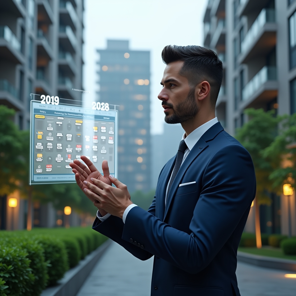 Ultra-realistic property manager in a navy blue suit, set in a modern luxury condominium environment with high-rise buildings and manicured green landscaping, examining a floating holographic calendar with icons for maintenance, meetings and inspections, pointing thoughtfully at one of the scheduled tasks, confident and focused expression, cinematic lighting, shallow depth of field, highly detailed textures, realistic skin, photographic realism, 8k resolution --ar 1:1 --v 6