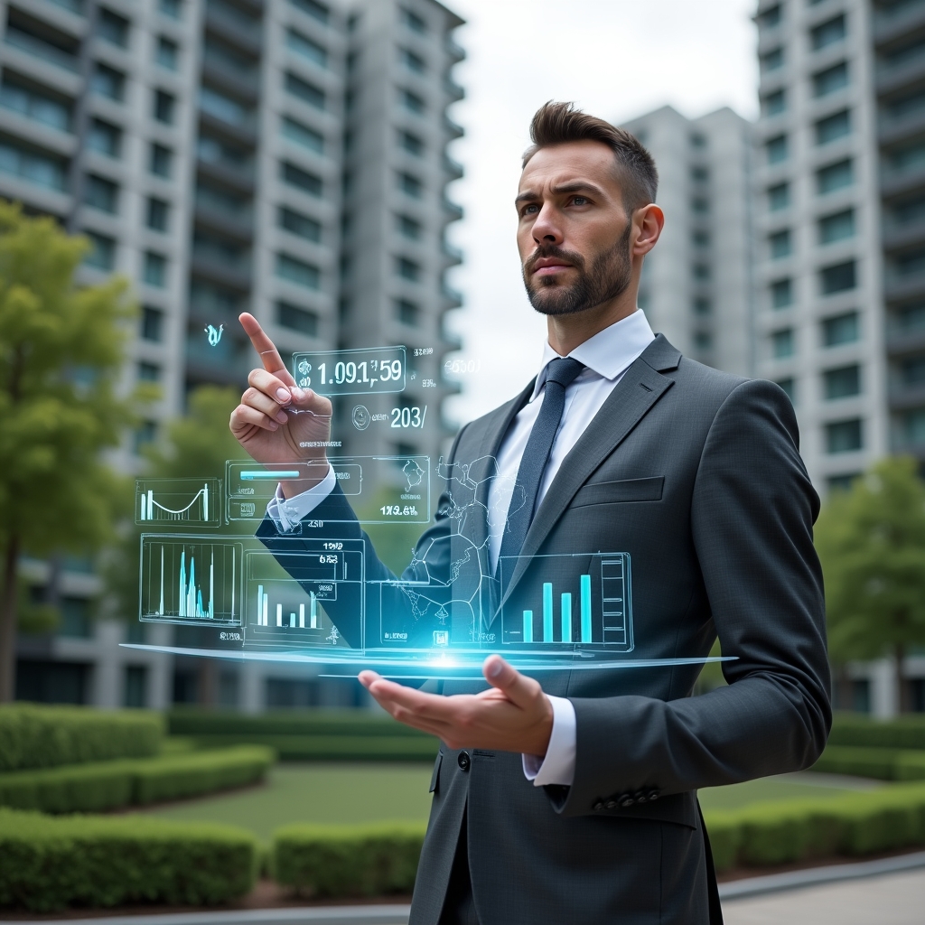 Ultra-realistic condominium manager in a charcoal gray suit, set in a modern luxury condominium environment with high-rise buildings and manicured green landscaping, holding a transparent holographic financial report displaying clear charts and graphs, confidently pointing at data with a focused expression, floating icons of ledgers and pie charts around, cinematic lighting, shallow depth of field, highly detailed textures, realistic skin, photographic realism, 8k resolution --ar 1:1 --v 6