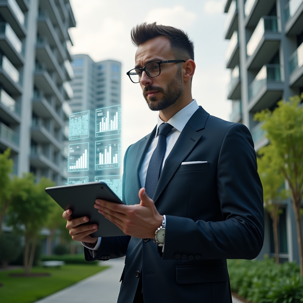 (Ultra-realistic property manager in a dark tailored suit, set in a modern luxury condominium environment with high-rise buildings and lush green landscaping, holding a tablet displaying holographic expense charts while reviewing floating icons of bills and graphs, confident and focused expression, cinematic lighting, shallow depth of field, highly detailed textures, realistic skin, photographic realism, 8k resolution --ar 1:1 --v 6)