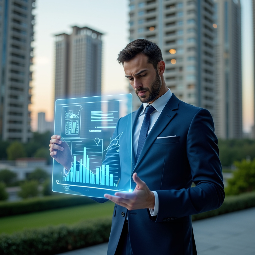 Ultra-realistic condominium manager in a navy blue suit, set in a modern luxury condominium environment with high-rise buildings and green landscaping, examining a floating holographic financial report with charts and graphs, confident expression, symbolic icons of transparency and audit (magnifying glass, checklist) appearing around the hologram, cinematic lighting, shallow depth of field, highly detailed textures, realistic skin, photographic realism, 8k resolution --ar 1:1 --v 6