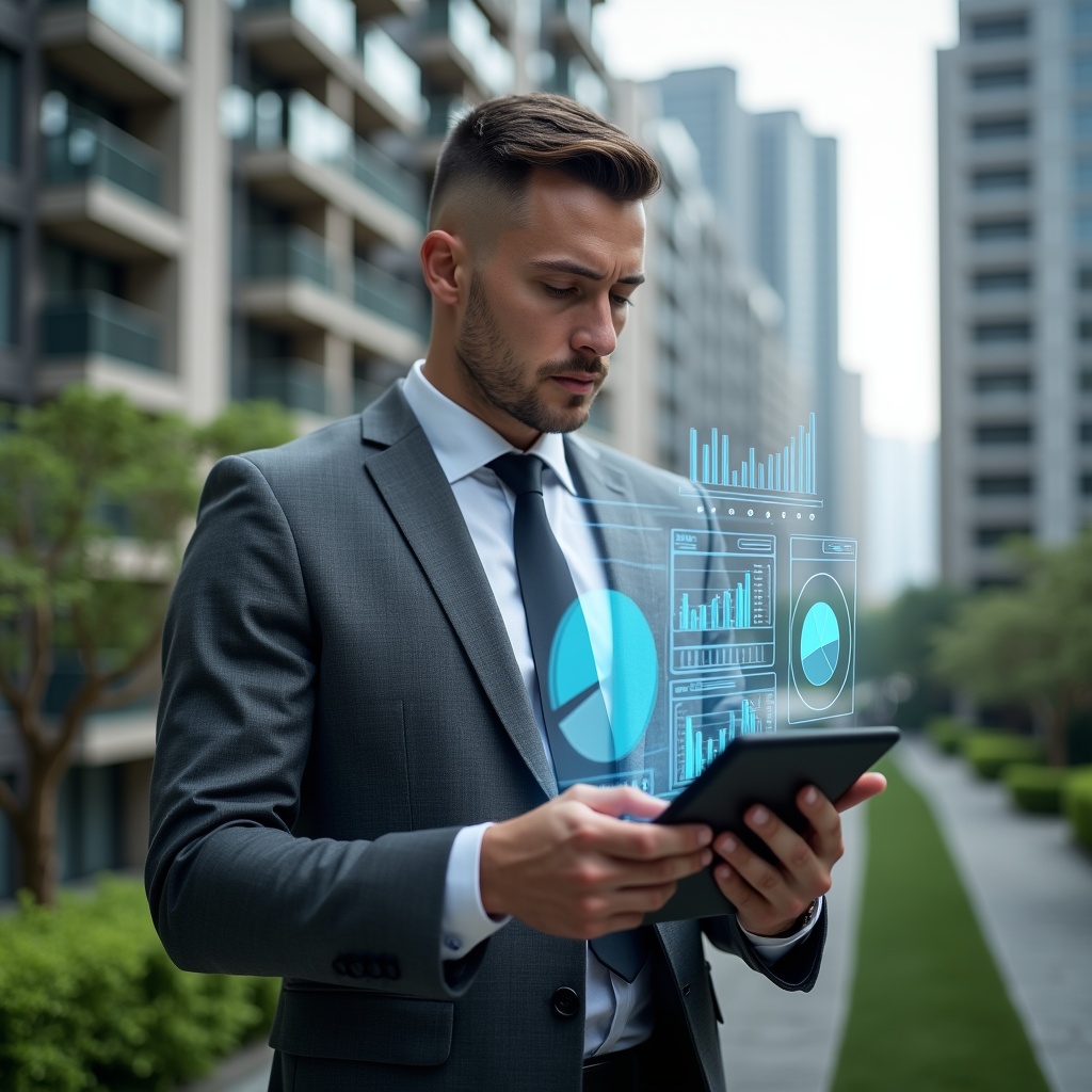 Ultra-realistic condominium manager in a charcoal gray suit, set in a modern luxury condominium environment with high-rise buildings and green landscaping, holding a tablet displaying transparent financial hologram charts, analyzing data with a confident and thoughtful expression, with floating holographic pie charts and bar graphs symbolizing transparent accounting, cinematic lighting, shallow depth of field, highly detailed textures, realistic skin, photographic realism, 8k resolution --ar 1:1 --v 6