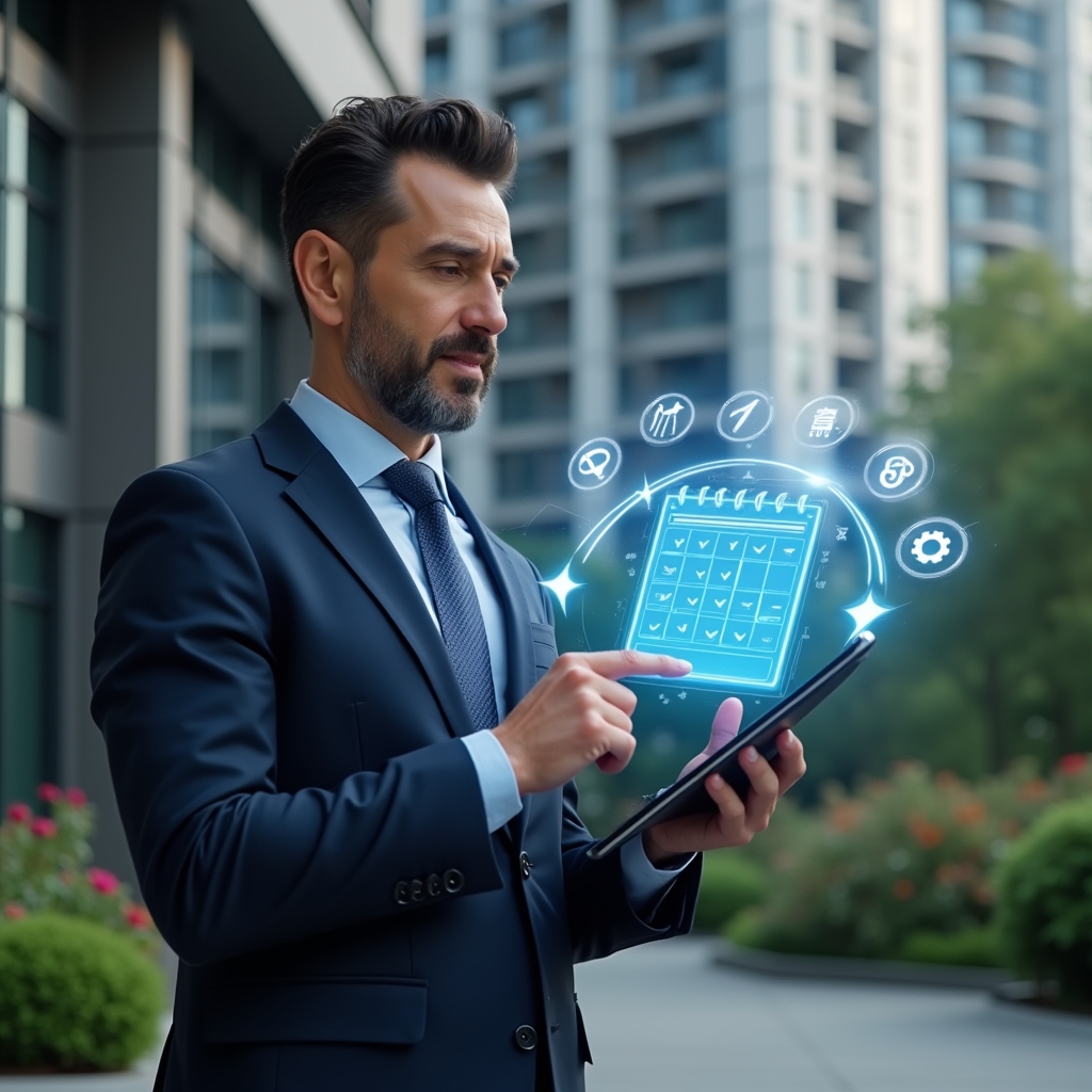 (Ultra-realistic condominium manager in a navy executive suit, set in a modern luxury condominium environment with high-rise buildings and meticulously landscaped gardens, holding a tablet displaying a floating holographic maintenance schedule with glowing checkmarks, confidently pointing at the calendar, futuristic icons of cleaning tools and gears orbiting the hologram, cinematic lighting, shallow depth of field, highly detailed textures, realistic skin, photographic realism, 8k resolution --ar 1:1 --v 6)