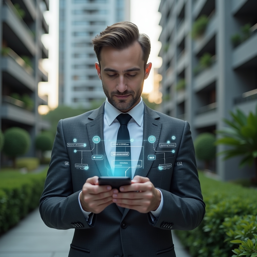 (Ultra-realistic condominium manager in a dark gray tailored suit, set in a modern luxury condominium environment with high-rise buildings and manicured green landscaping, holding a smartphone at eye level with floating holographic icons for chat, payment links, and real-time reports around the device, confident expression, cinematic lighting, shallow depth of field, highly detailed textures, realistic skin, photographic realism, 8k resolution --ar 1:1 --v 6)