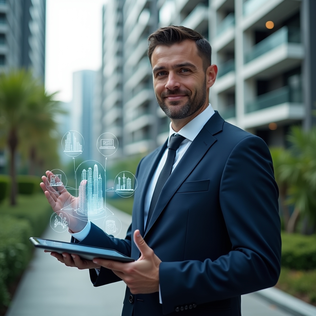 (Ultra-realistic condominium manager in a tailored navy suit, set in a modern luxury condominium environment with high-rise buildings and lush green landscaping, holding a tablet displaying holographic icons of building layouts and financial charts, confident and engaged expression, floating app symbols representing an aplicativo de gestão condominial, cinematic lighting, shallow depth of field, highly detailed textures, realistic skin, photographic realism, 8k resolution --ar 1:1 --v 6)