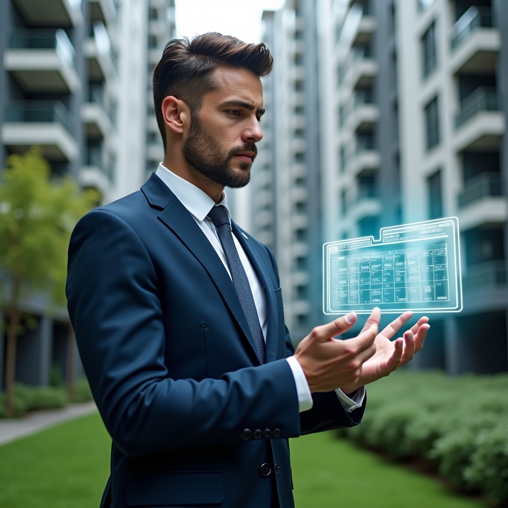 Ultra-realistic condominium manager in a tailored navy suit, set in a modern luxury condominium environment with high-rise buildings and manicured green landscaping, interacting with a floating holographic schedule interface to review a digital activity timeline, confident and focused expression, cinematic lighting, shallow depth of field, highly detailed textures, realistic skin, photographic realism, 8k resolution --ar 1:1 --v 6
