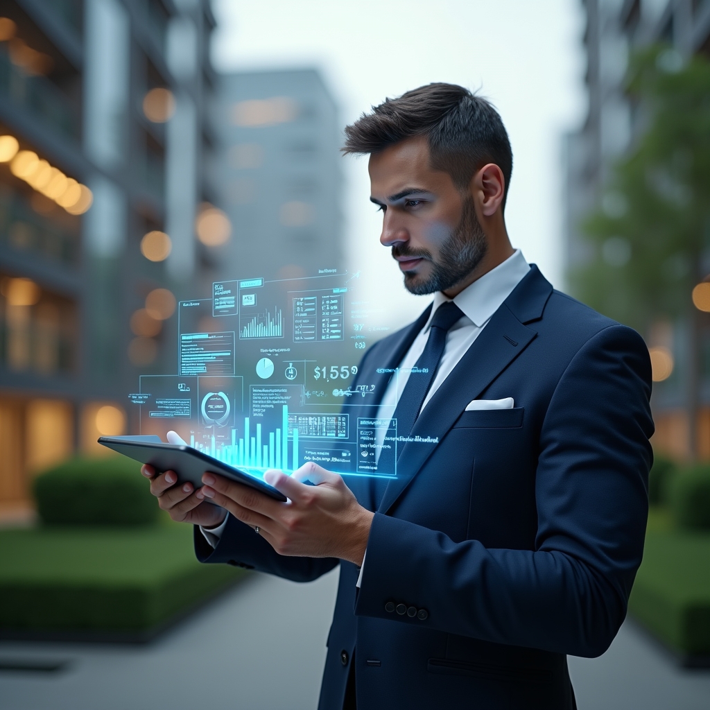 ultra-realistic condo manager in a navy blue tailored suit, set in a modern luxury condominium environment with high-rise buildings and lush green landscaping, holding a tablet displaying floating holographic financial charts and expense reports, confidently analyzing real-time data, holographic icons of bar graphs and dollar symbols surrounding the device, cinematic lighting, shallow depth of field, highly detailed textures, realistic skin, photographic realism, 8k resolution --ar 1:1 --v 6