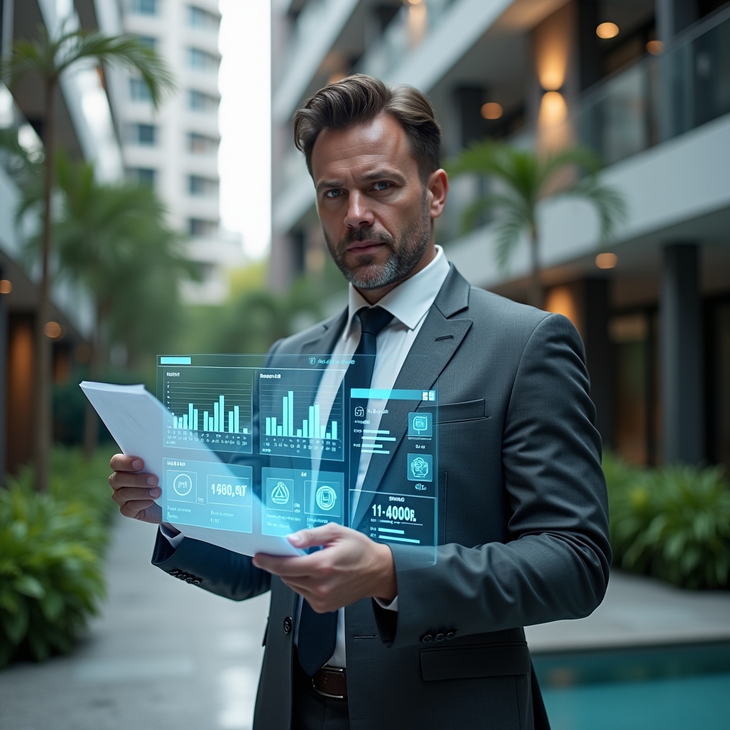 (Ultra-realistic condominium manager in a charcoal gray suit, set in a modern luxury condominium environment with high-rise buildings and manicured green landscaping, holding a transparent holographic financial report with glowing charts and graphs, confidently presenting data, holographic icons of documents and audit stamps floating around, cinematic lighting, shallow depth of field, highly detailed textures, realistic skin, photographic realism, 8k resolution --ar 1:1 --v 6)