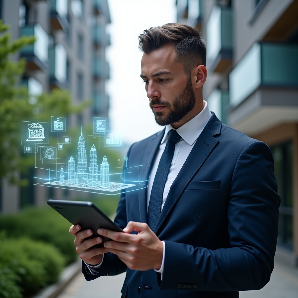 Ultra-realistic condominium manager in a navy executive suit, set in a modern luxury condominium environment with high-rise buildings and lush green landscaping, holding a tablet with holographic icons and building automation schematics floating above it, confidently analyzing data, futuristic holographic interface elements representing an condomínio management app and automated systems, cinematic lighting, shallow depth of field, highly detailed textures, realistic skin, photographic realism, 8k resolution --ar 1:1 --v 6