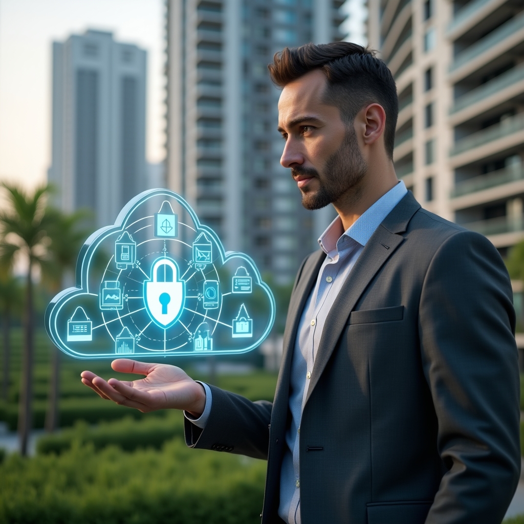 (Ultra-realistic condominium manager in a tailored dark gray suit, set in a modern luxury condominium environment with high-rise buildings and lush green landscaping, interacting with a hovering holographic cloud dashboard displaying icons for remote access, automatic backup, real-time reports, and data security, confident expression, cinematic lighting, shallow depth of field, highly detailed textures, realistic skin, photographic realism, 8k resolution --ar 1:1 --v 6)