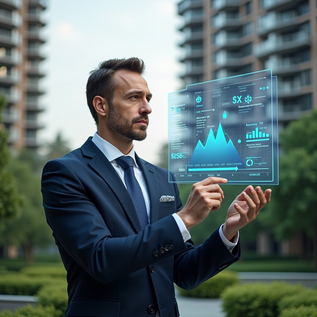 Ultra-realistic condominium manager in a tailored navy suit, set in a modern luxury condominium environment with high-rise buildings and manicured green gardens, reviewing a floating holographic budget chart with expense icons and project timelines, confident and analytical expression, cinematic lighting, shallow depth of field, highly detailed textures, realistic skin, photographic realism, 8k resolution --ar 1:1 --v 6