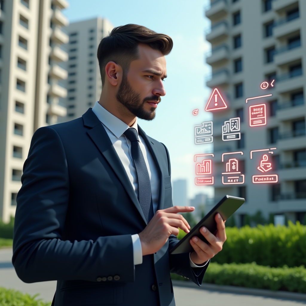 (Ultra-realistic condominium manager in a tailored navy suit, set in a modern luxury condominium environment with high-rise buildings and manicured green landscaping, analyzing a floating holographic interface of app icons with red warning badges, holding a tablet and looking thoughtful, holographic UI panels displaying financial graphs and error symbols, cinematic lighting, shallow depth of field, highly detailed textures, realistic skin, photographic realism, 8k resolution --ar 1:1 --v 6)