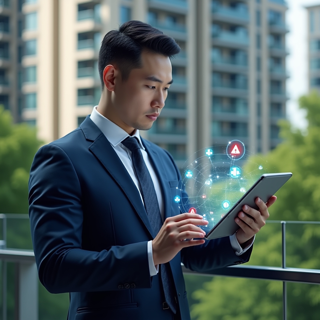 Ultra-realistic condominium manager in a navy blue executive suit, set in a modern luxury condominium environment with high-rise buildings and lush green landscaping, holding a transparent tablet displaying holographic app icons with red warning symbols, examining the interface with a cautious, thoughtful expression, cinematic lighting, shallow depth of field, highly detailed textures, realistic skin, photographic realism, 8k resolution --ar 1:1 --v 6