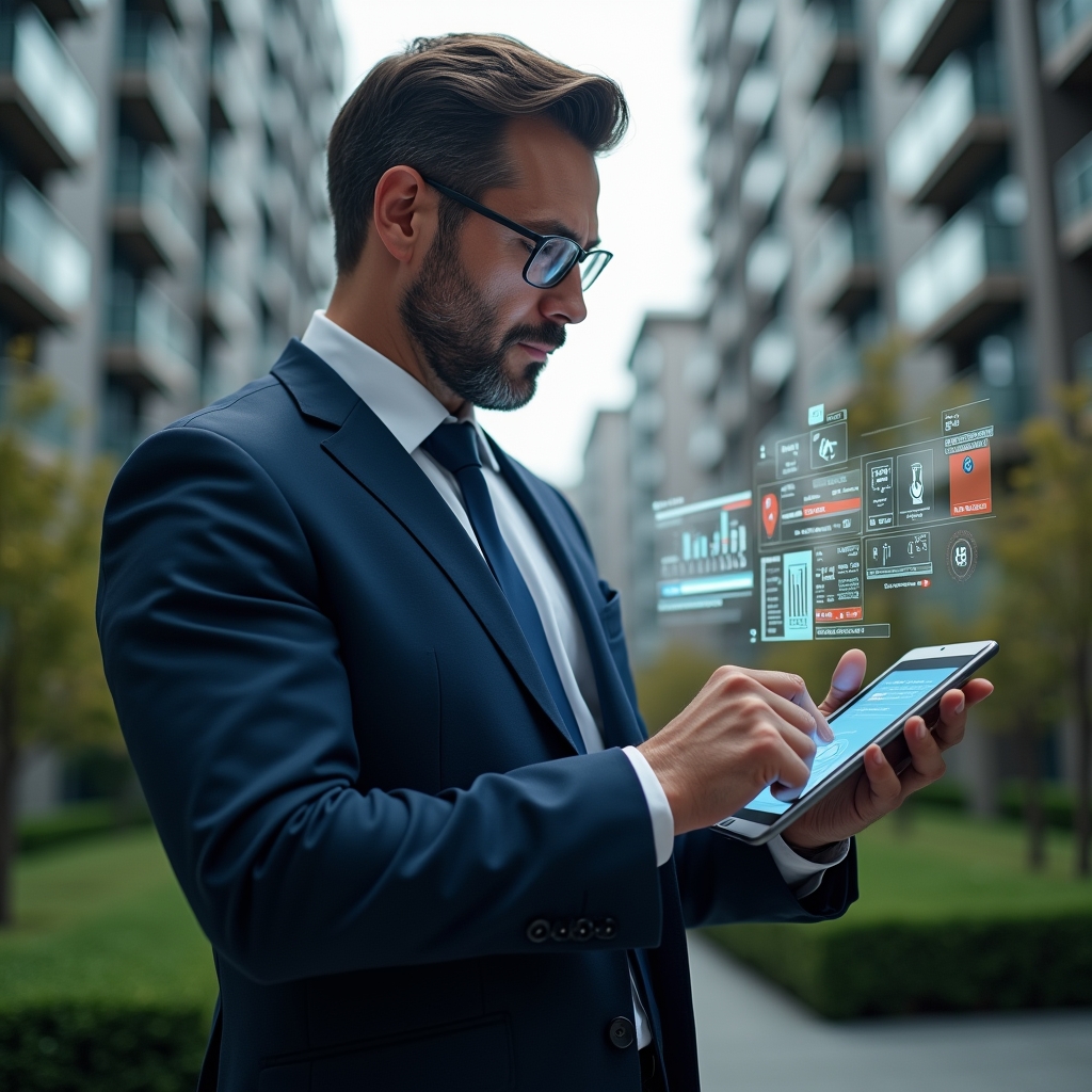 (Ultra-realistic condominium property manager in a tailored navy suit, set in a modern luxury condominium environment with high-rise buildings and manicured greenery, holding a sleek tablet displaying warning icons, examining common app errors with a focused, serious expression, floating holographic UI elements highlighting alerts and workflow charts around them, cinematic lighting, shallow depth of field, highly detailed textures, realistic skin, photographic realism, 8k resolution --ar 1:1 --v 6)