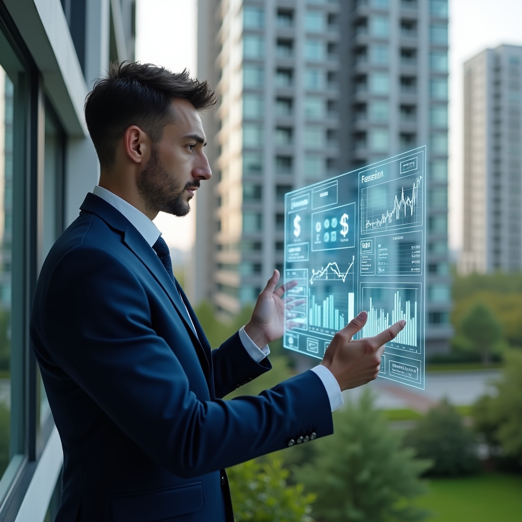 Ultra-realistic condominium manager in a navy blue suit, set in a modern luxury condominium environment with high-rise buildings and well-manicured green landscaping, reviewing a transparent holographic ledger display with floating financial icons and graphs, focused and confident expression, cinematic lighting, shallow depth of field, highly detailed textures, realistic skin, photographic realism, 8k resolution --ar 1:1 --v 6