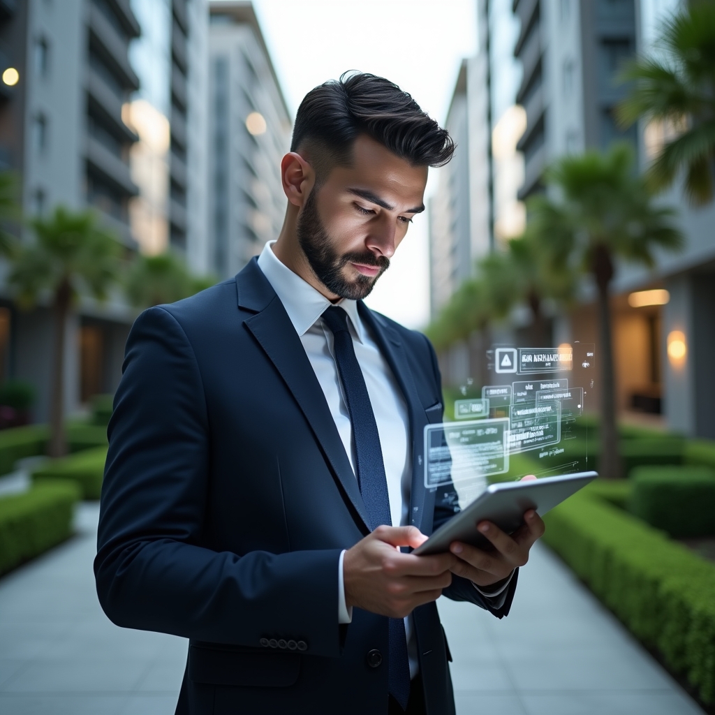 (Ultra-realistic condominium manager in a tailored navy suit, set in a modern luxury condominium environment with high-rise buildings and manicured green landscaping, holding a tablet with a semi-transparent holographic interface displaying warning icons, looking thoughtfully at the screen as if identifying errors in a management app, cinematic lighting, shallow depth of field, highly detailed textures, realistic skin, photographic realism, 8k resolution --ar 1:1 --v 6)