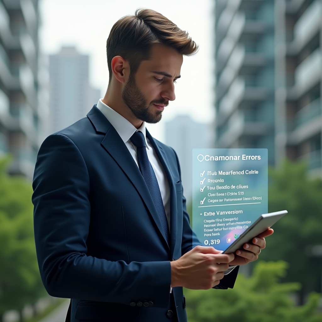 (Ultra-realistic condominium manager in a tailored navy suit, set in a modern luxury condominium environment with high-rise buildings and lush green landscaping, examining a holographic checklist of common errors projected from a sleek tablet, subtle warning icons floating beside him, confident and focused expression, cinematic lighting, shallow depth of field, highly detailed textures, realistic skin, photographic realism, 8k resolution --ar 1:1 --v 6)