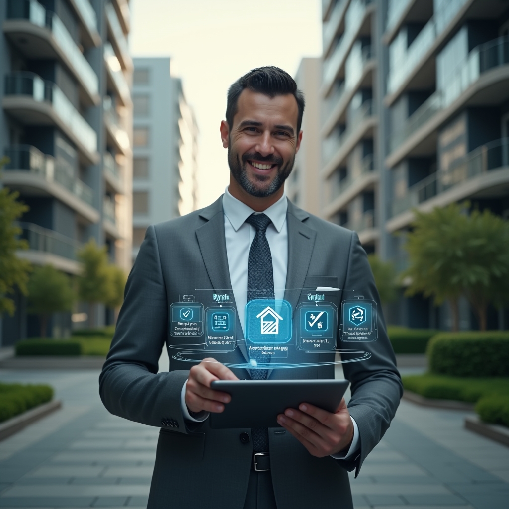 Ultra-realistic condominium manager in a charcoal gray suit, set in a modern luxury condominium environment with high-rise buildings and manicured green landscaping, medium shot of a confident professional holding a tablet displaying a holographic condominium management app with floating warning icons and checklist overlays, cinematic lighting, shallow depth of field, highly detailed textures, realistic skin, photographic realism, 8k resolution --ar 1:1 --v 6