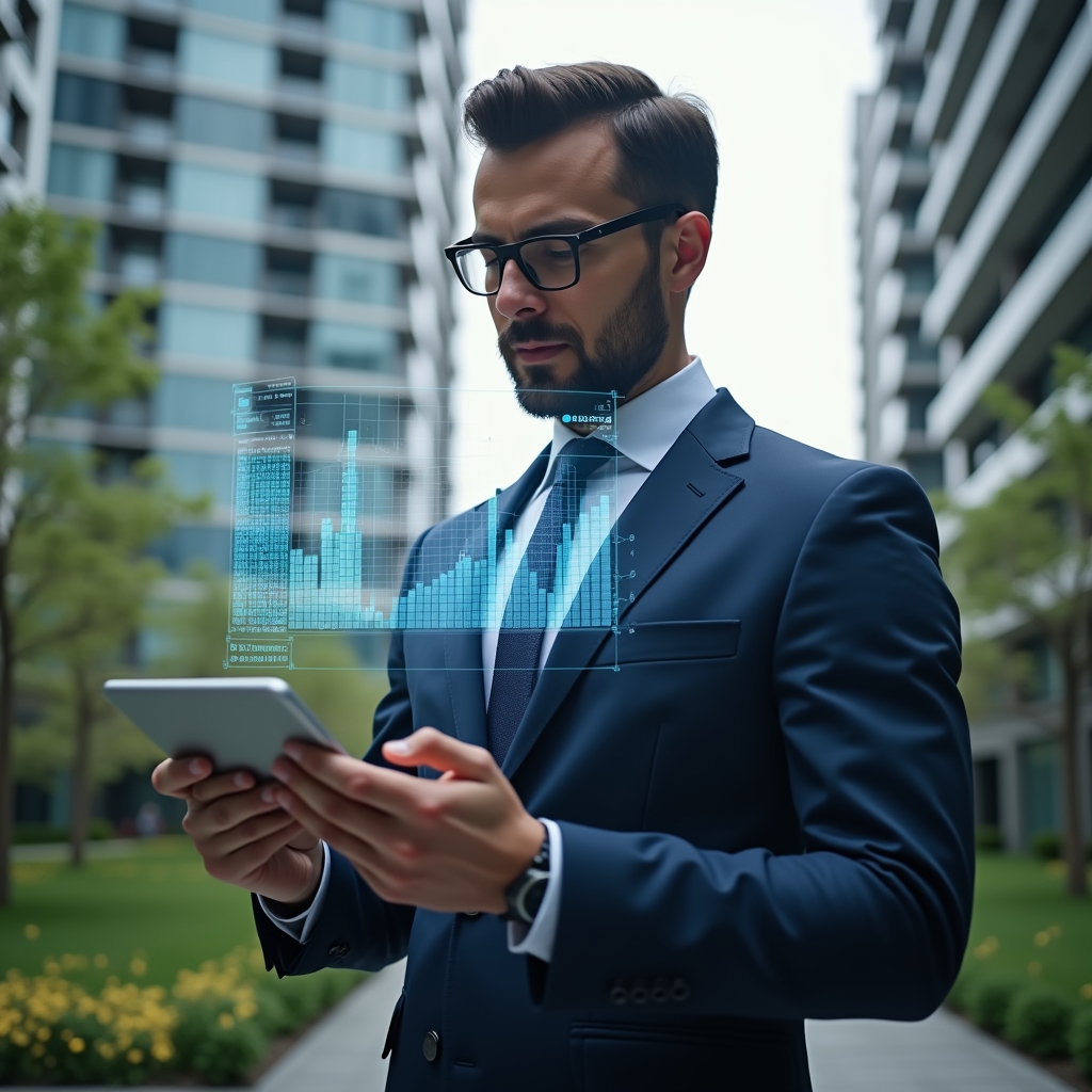 Ultra-realistic condominium manager in a navy executive suit, set in a modern luxury condominium environment with high-rise buildings and green landscaping, mid-shot of a confident manager reviewing holographic financial charts projected from a tablet, floating ledger and pie-chart icons symbolizing transparent accounting, cinematic lighting, shallow depth of field, highly detailed textures, realistic skin, photographic realism, 8k resolution --ar 1:1 --v 6