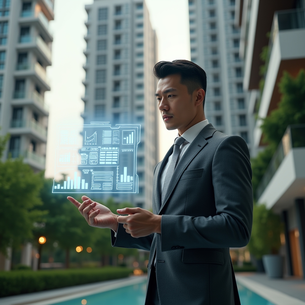 Ultra-realistic condominium manager in a charcoal gray suit, set in a modern luxury condominium environment with high-rise buildings and manicured green landscaping, examining a floating holographic financial report with charts and documents, pointing confidently at a 3D ledger projection, cinematic lighting, shallow depth of field, highly detailed textures, realistic skin, photographic realism, 8k resolution --ar 1:1 --v 6