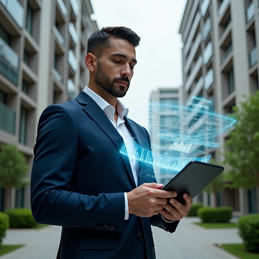 (Ultra-realistic condominium manager in a navy suit, set in a modern luxury condominium environment with high-rise buildings and manicured green landscaping, holding a digital tablet and reviewing a holographic financial report with floating charts and receipts, expression thoughtful and confident, cinematic lighting, shallow depth of field, highly detailed textures, realistic skin, photographic realism, 8k resolution --ar 1:1 --v 6)