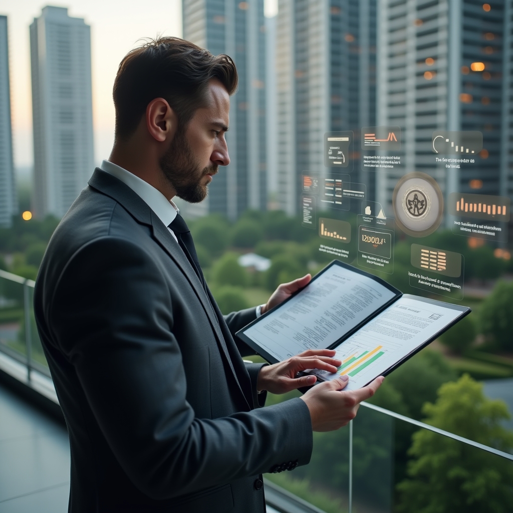 (Ultra-realistic condo manager in a tailored dark gray suit, set in a modern luxury condominium environment with high-rise buildings and manicured gardens in the background, examining a holographic financial report with warning icons and charts hovering before them, serious and focused expression conveying attention to detail, cinematic lighting, shallow depth of field, highly detailed textures, realistic skin, photographic realism, 8k resolution --ar 1:1 --v 6)