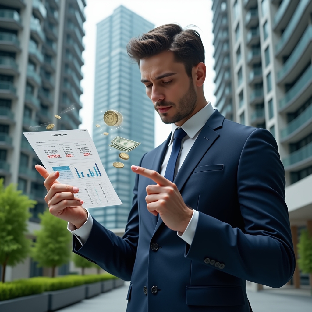 (Ultra-realistic condominium manager in a tailored navy suit, set in a modern luxury condominium environment with high-rise buildings and green landscaping, reviewing a floating holographic financial report with charts and ledgers, pointing thoughtfully at the data, holographic icons of coins and balance sheets surrounding him, cinematic lighting, shallow depth of field, highly detailed textures, realistic skin, photographic realism, 8k resolution --ar 1:1 --v 6)