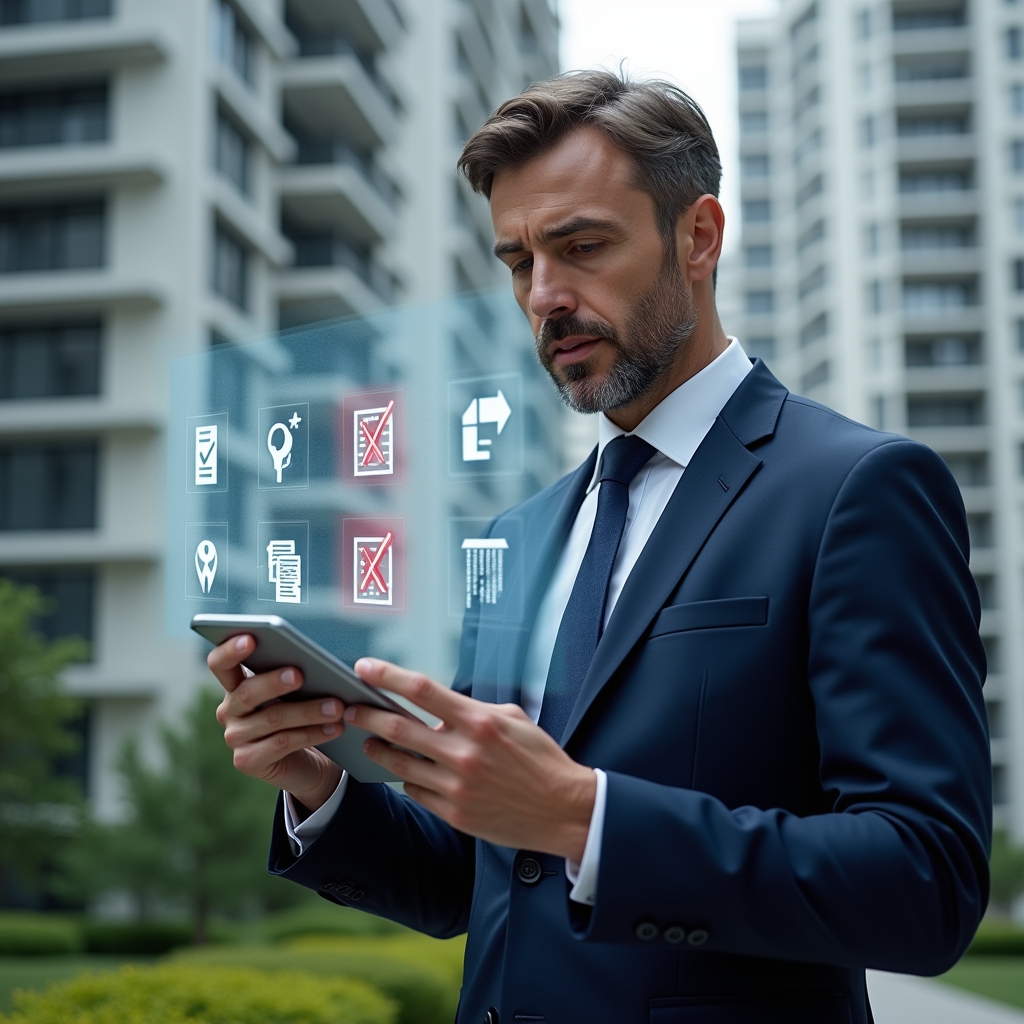 (Ultra-realistic building manager in a navy suit, set in a modern luxury condominium environment with high-rise buildings and green landscaping, reviewing a holographic checklist displaying red crosses over common errors, looking thoughtful and analytical, holographic icons of documents and tools symbolizing management challenges, cinematic lighting, shallow depth of field, highly detailed textures, realistic skin, photographic realism, 8k resolution --ar 1:1 --v 6)