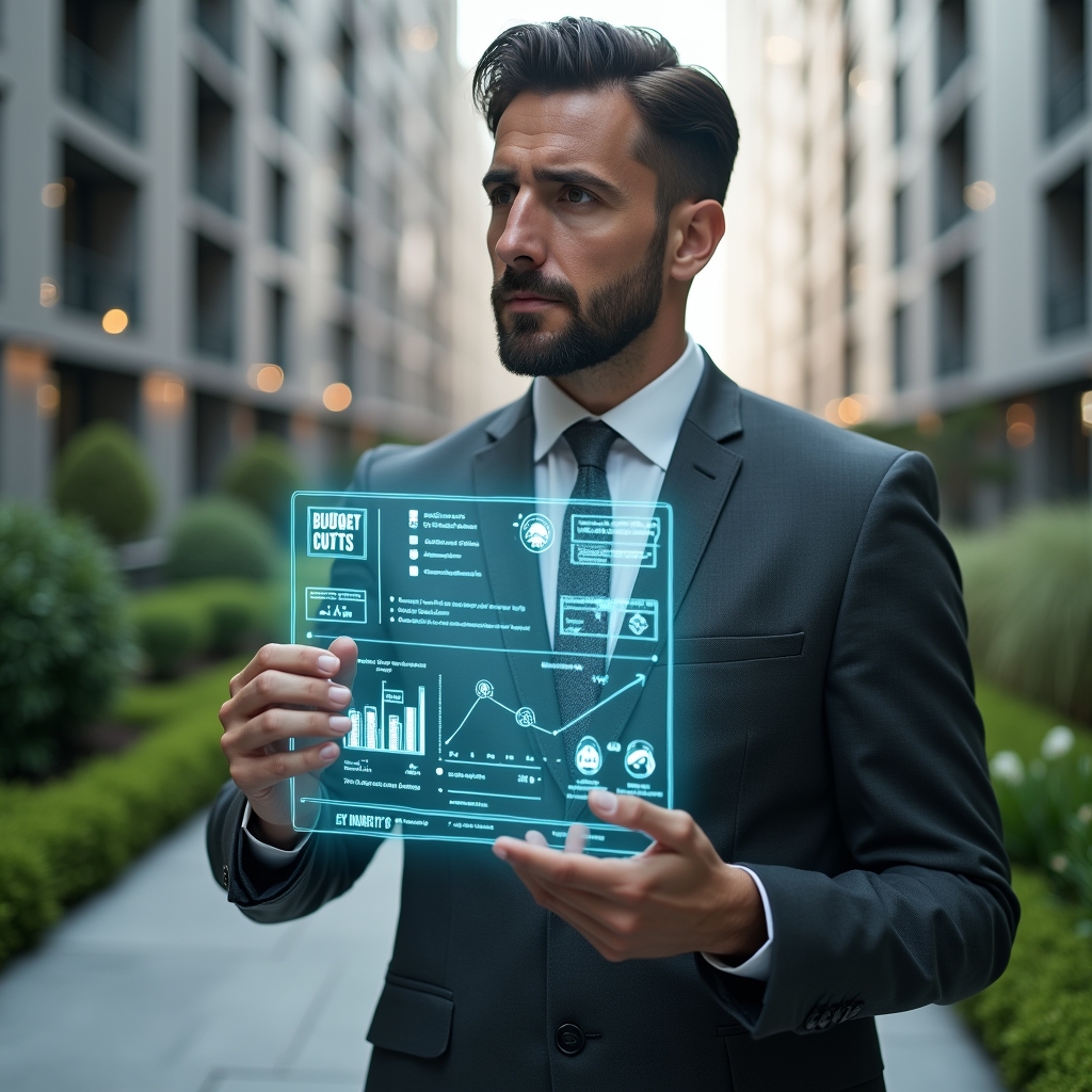 Ultra-realistic condominium manager in a dark gray tailored suit, set in a modern luxury condominium environment with high-rise buildings and manicured green landscaping, holding a transparent holographic chart displaying budget cuts and energy icons, analyzing cost-saving strategies with a confident, thoughtful expression, cinematic lighting, shallow depth of field, highly detailed textures, realistic skin, photographic realism, 8k resolution --ar 1:1 --v 6