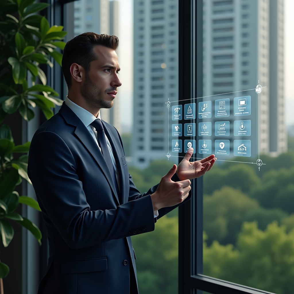(Ultra-realistic condominium manager in a tailored navy suit, set in a modern luxury condominium environment with high-rise buildings and lush green landscaping, medium shot, interacting with a holographic app interface displaying icons for communication, finance graphs, booking calendar, security camera feed and maintenance tickets, confident and focused expression, cinematic lighting, shallow depth of field, highly detailed textures, realistic skin, photographic realism, 8k resolution --ar 1:1 --v 6)