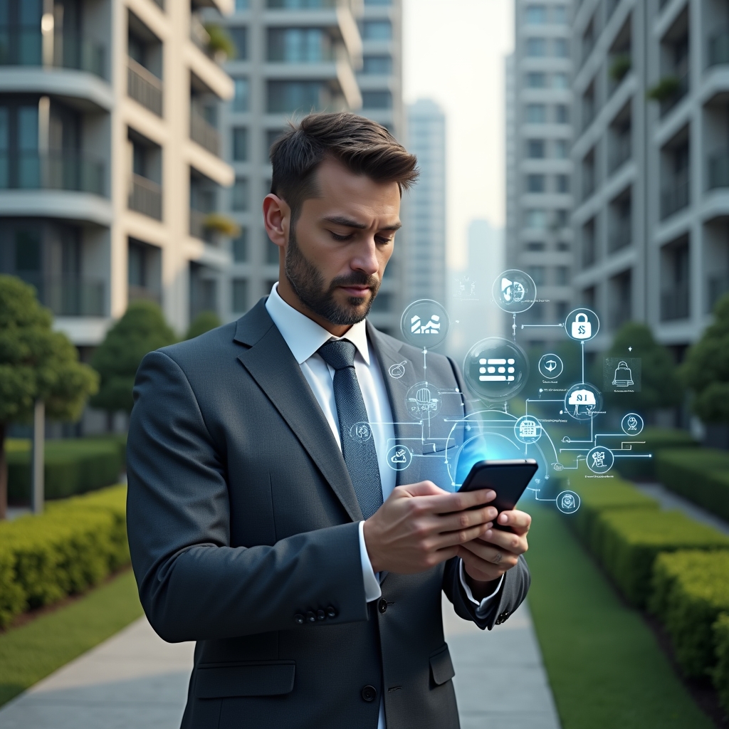 (Ultra-realistic condominium manager in a charcoal gray executive suit, set in a modern luxury condominium environment with high-rise buildings and manicured green landscaping, analyzing a floating holographic interface of management functions projected from a smartphone, holographic icons of financial charts, visitor access, space reservation and notifications swirling around, confident and focused expression, cinematic lighting, shallow depth of field, highly detailed textures, realistic skin, photographic realism, 8k resolution --ar 1:1 --v 6)
