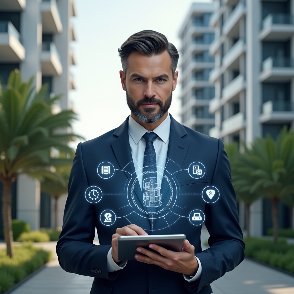 Ultra-realistic condominium manager in a navy executive suit, set in a modern luxury condominium environment with high-rise buildings and lush landscaping, holding a digital tablet and interacting with floating holographic icons representing finance, communication, maintenance, security, reservations, billing, and reporting, confident and focused expression, cinematic lighting, shallow depth of field, highly detailed textures, realistic skin, photographic realism, 8k resolution --ar 1:1 --v 6