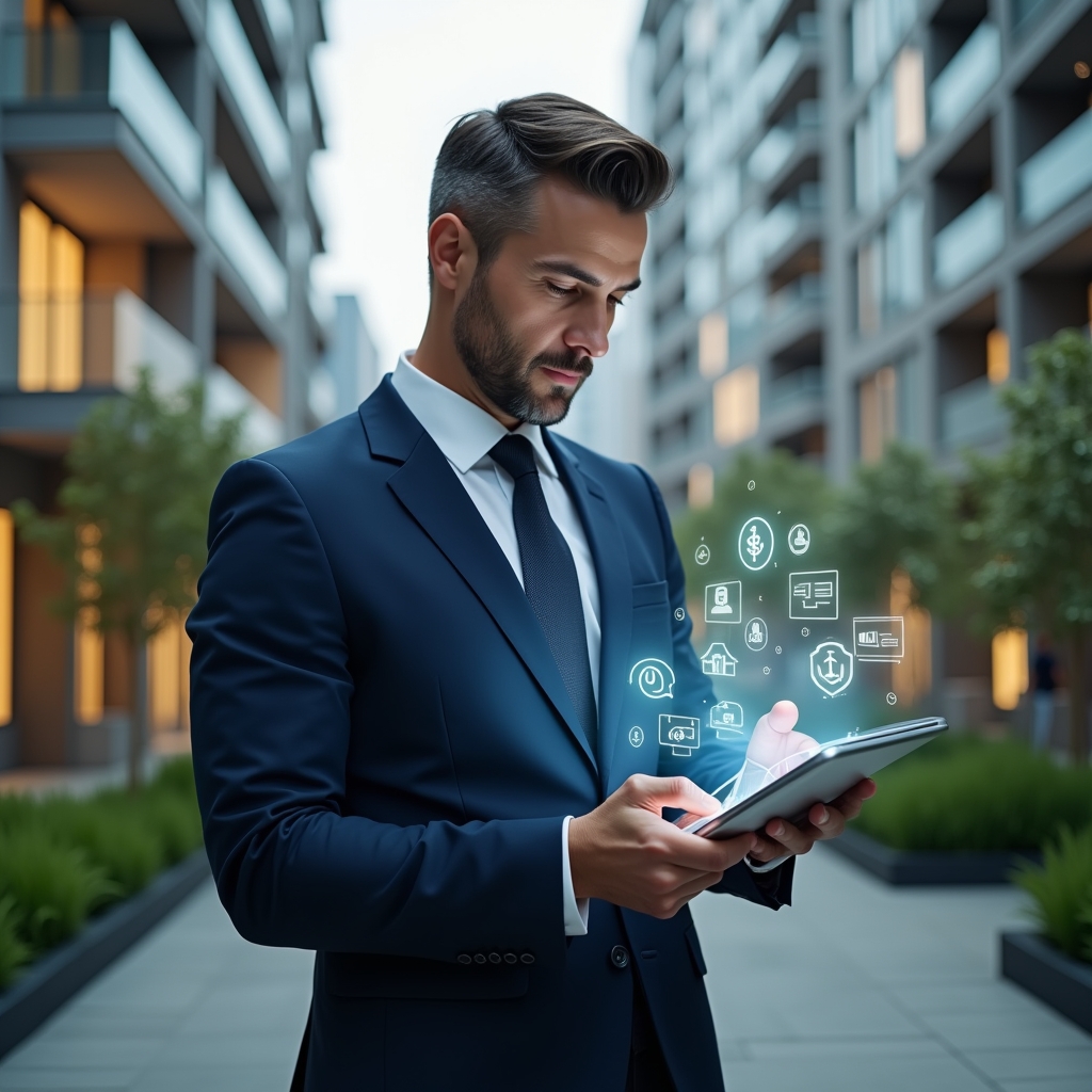 (Ultra-realistic condo manager in a tailored navy suit, set in a modern luxury condominium environment with high-rise buildings and manicured green spaces, examining a tablet displaying floating holographic icons of scheduling, finance, communication and security modules, confident and focused expression, symbolic translucent app interface elements hovering around, cinematic lighting, shallow depth of field, highly detailed textures, realistic skin, photographic realism, 8k resolution --ar 1:1 --v 6)
