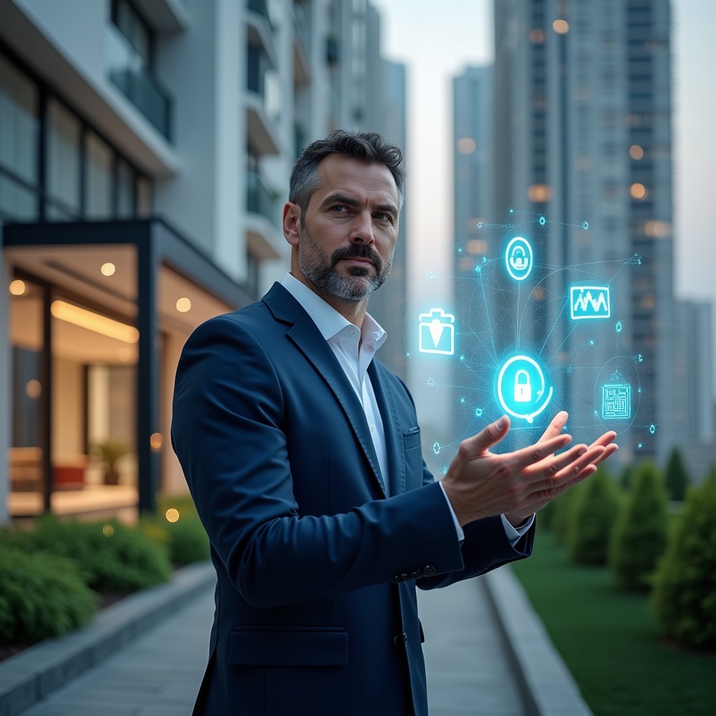 (Ultra-realistic condominium manager in a dark blue suit, set in a modern luxury condominium environment with high-rise buildings and manicured green landscaping, interacting with a floating holographic interface displaying icons for access control, chat notifications, booking calendar, financial graphs, maintenance tools, document files and dashboard charts, confident expression, cinematic lighting, shallow depth of field, highly detailed textures, realistic skin, photographic realism, 8k resolution --ar 1:1 --v 6)
