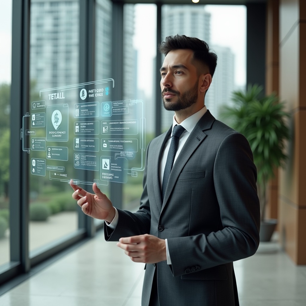 Ultra-realistic condominium manager in a charcoal gray tailored suit, set in a modern luxury condominium lobby with high-rise buildings and manicured greenery visible through floor-to-ceiling glass, interacting with a floating holographic interface displaying icons for communication, space reservations, financial reports, access control, maintenance orders, document library, and analytics, confident and focused expression, cinematic lighting, shallow depth of field, highly detailed textures, realistic skin, photographic realism, 8k resolution --ar 1:1 --v 6
